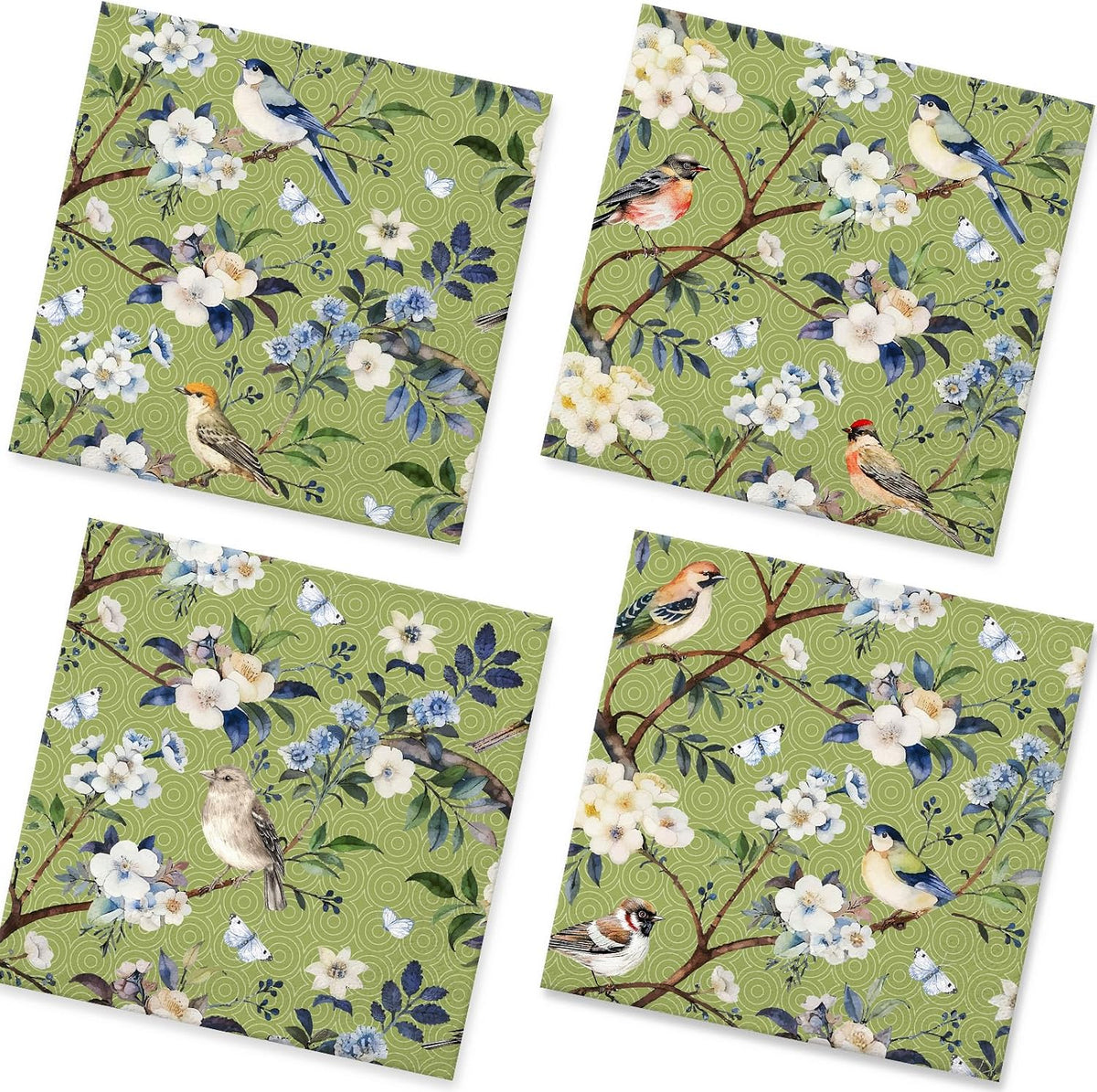Vintage Floral Birds Paper Napkins - 50Pcs, 2Ply, 6.5 x 6.5 Inches