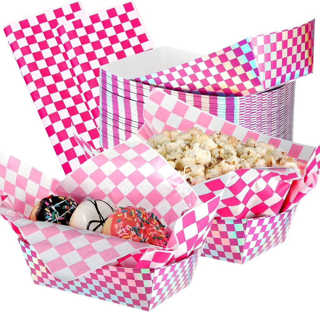 Geosar 100 Pcs Gingham Paper Food Tray with Wax Paper,Laser Fuchsia