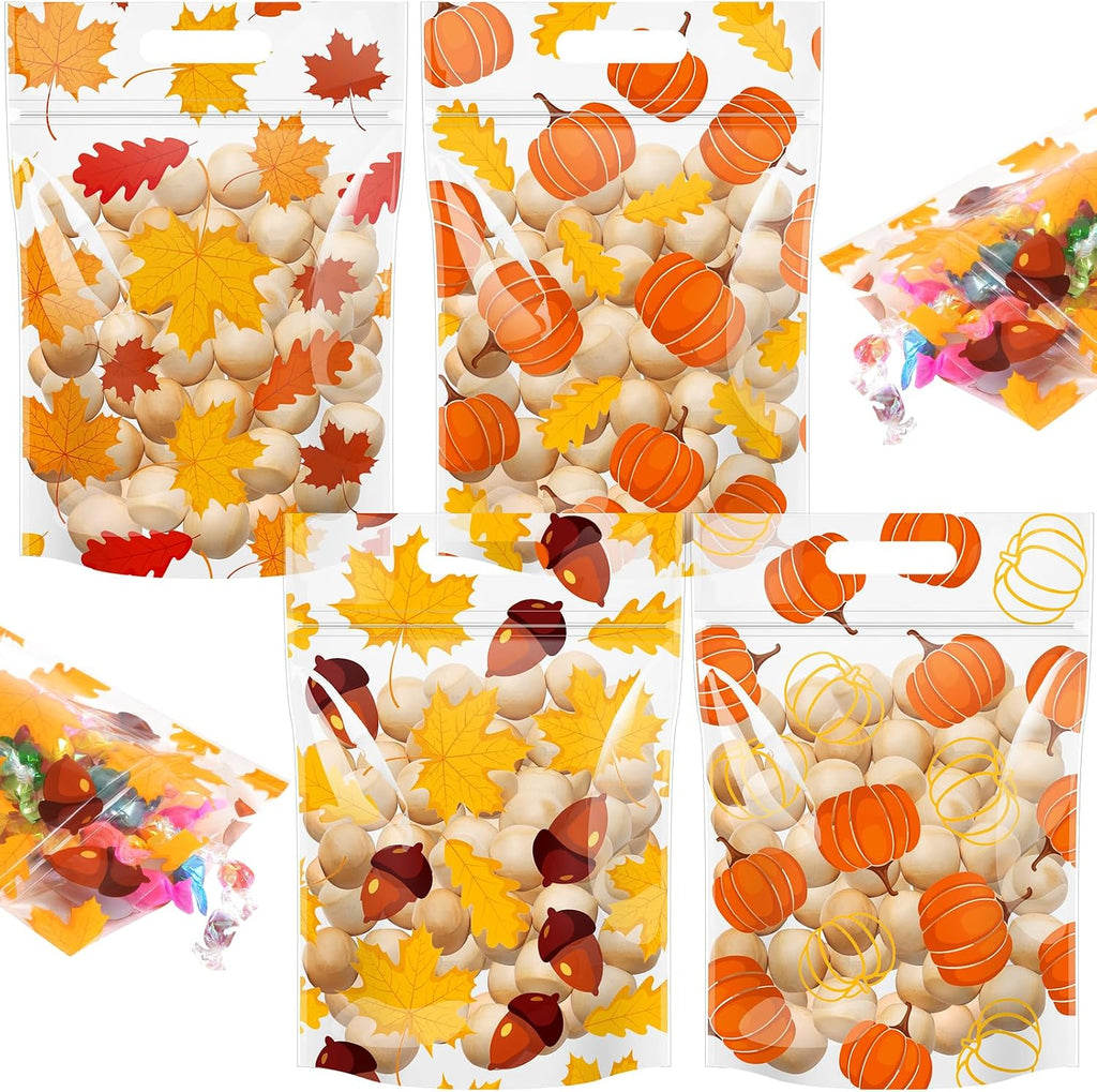 Hallswl 60pcs Fall Thanksgiving Pumpkin Treat Bags with Handle 9X6inch