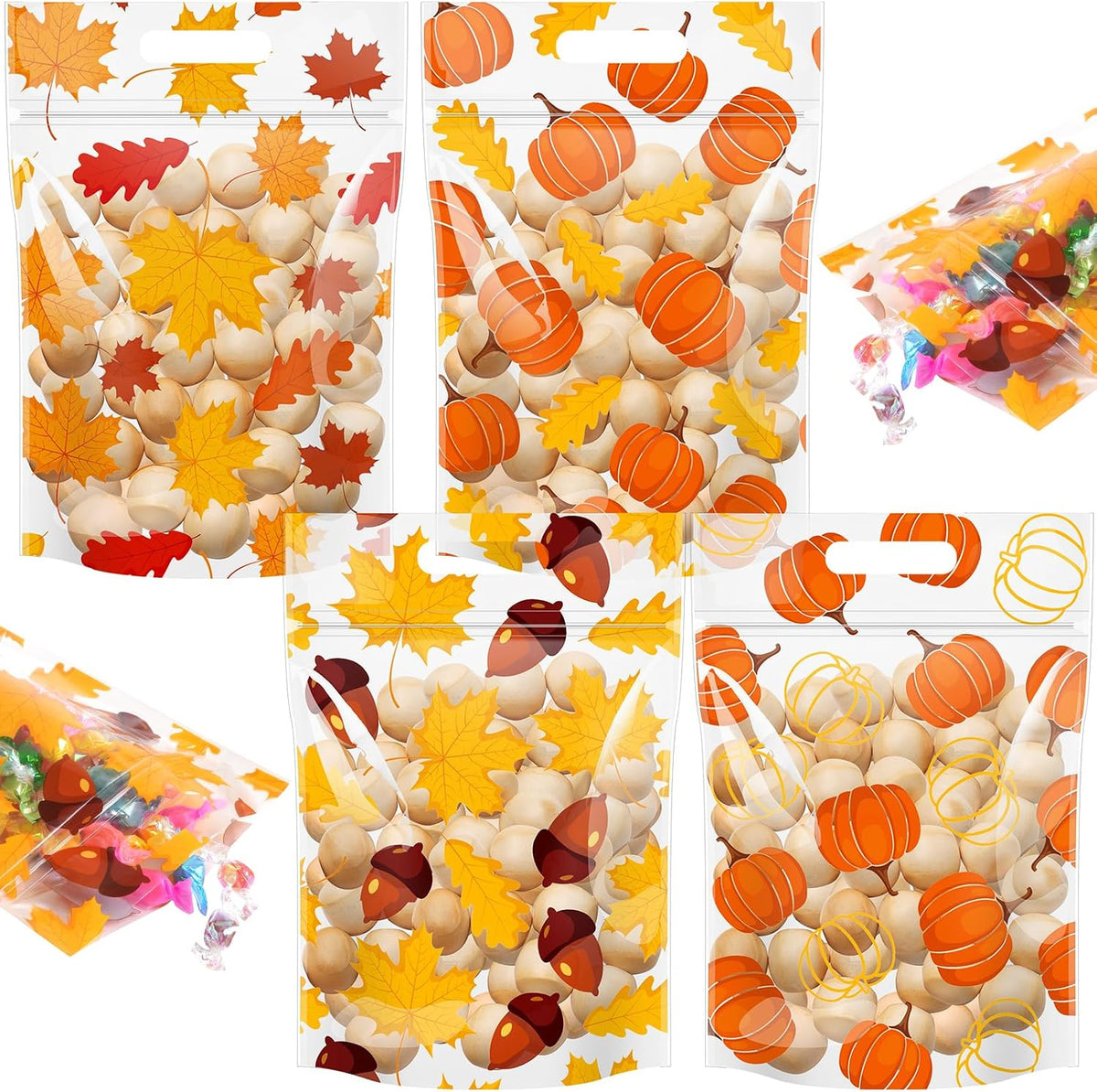 Hallswl 60pcs Fall Thanksgiving Pumpkin Treat Bags with Handle 9X6inch