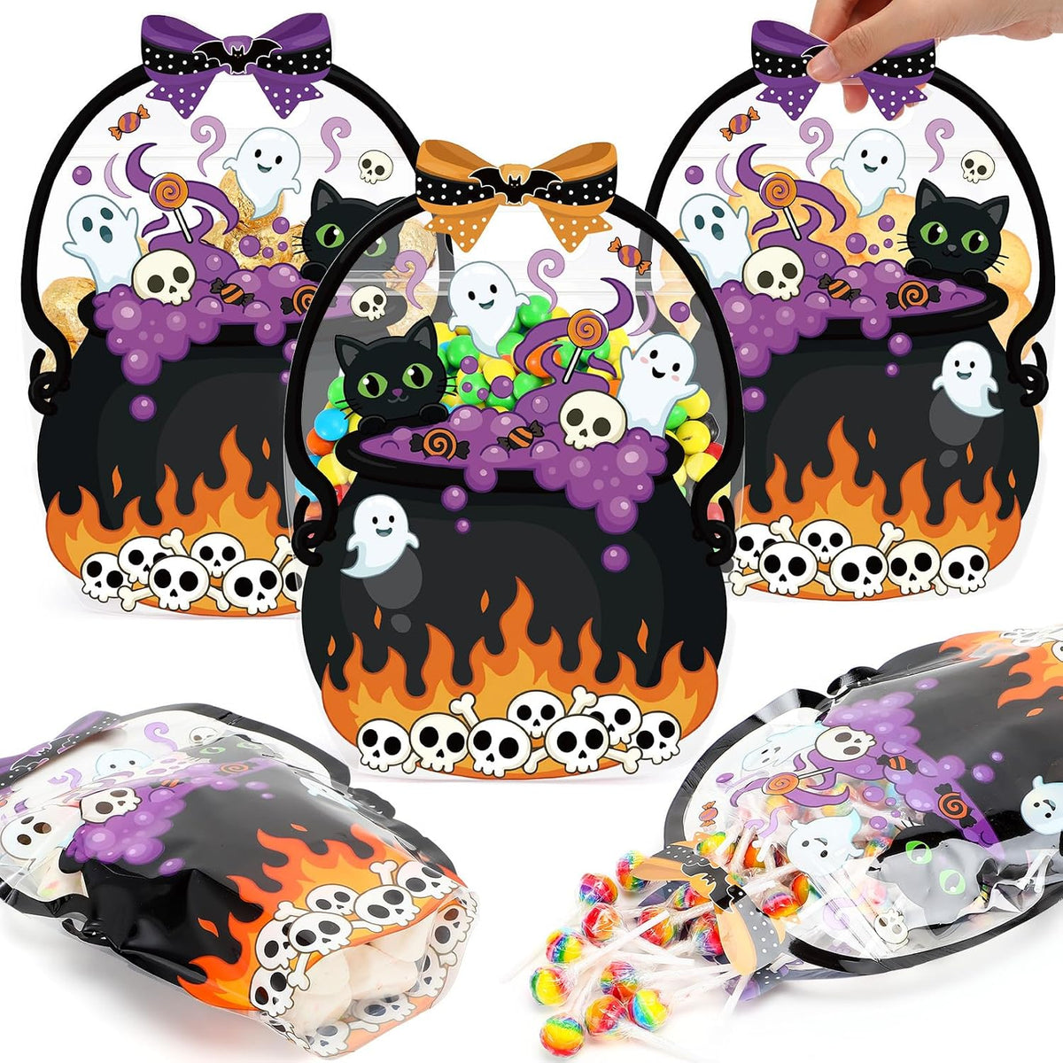 Fuutreo 25 Pcs Halloween Treat Bags with Handles, Purple Cauldron Plastic