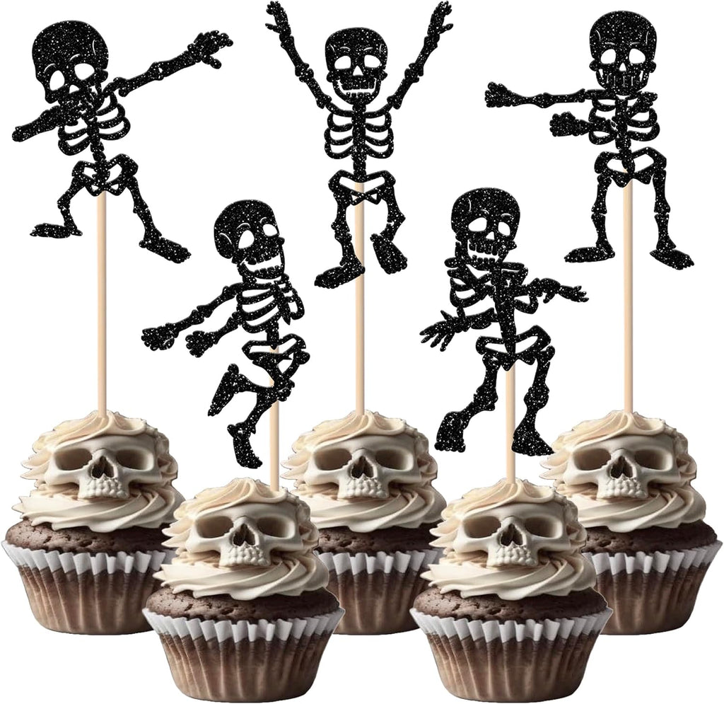Rsstarxi 30 Pack Halloween Skull Cupcake Toppers Halloween Theme Party Decorations Skull Dance Cupcake Picks for Baby Shower & Birthday Party Cake Decorations Supplies Black