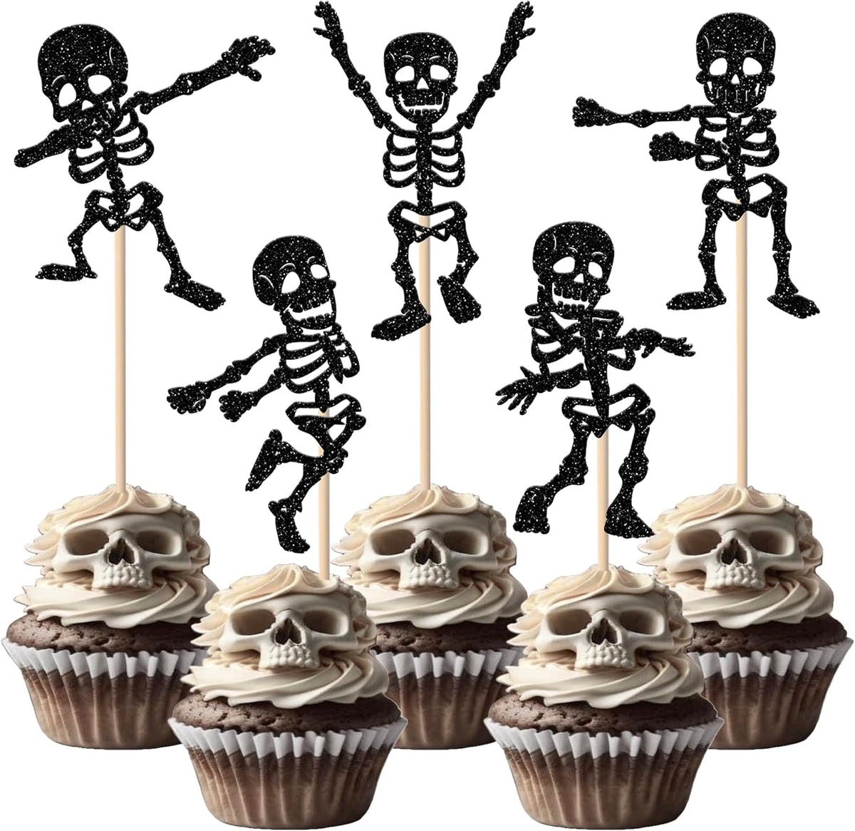 Rsstarxi 30 Pack Halloween Skull Cupcake Toppers Halloween Theme Party Decorations Skull Dance Cupcake Picks for Baby Shower & Birthday Party Cake Decorations Supplies Black