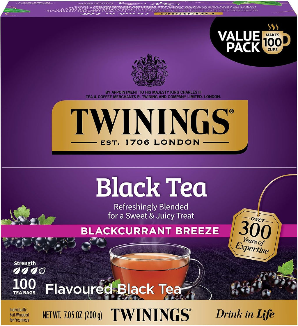 Twinings Blackcurrant Breeze Black Tea Individually Wrapped Bags, 100 Count (Pack of 1), Sweet, Tangy Taste, Caffeinated, Enjoy Hot or Iced, 100 Teabags