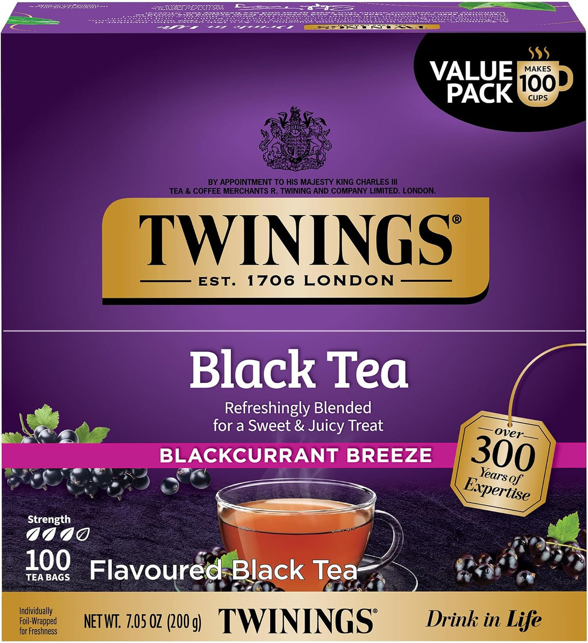 Twinings Blackcurrant Breeze Black Tea Individually Wrapped Bags, 100 Count (Pack of 1), Sweet, Tangy Taste, Caffeinated, Enjoy Hot or Iced, 100 Teabags