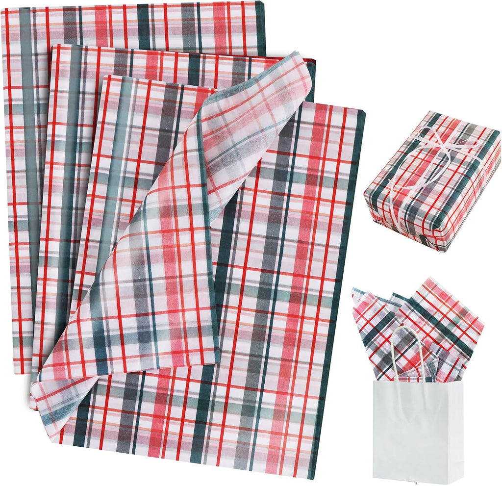 BEISHIDA Christmas Gingham Tissue Paper Bulk，Red Green White Buffalo Plaid Wrapping Tissue Paper for Gift Bags, 14 x 20 Inch Gift Wrap for Christmas Party DIY Crafts Decor Holiday Flowers-50pcs