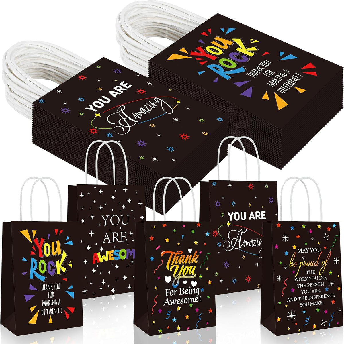 50 Pcs Thank You Gift Bags Team Employee Appreciation Gifts Bulk, Motivational Inspirational Paper Goodie Bags for Coworker Teacher Nurse Colleague Holiday Party Favor Supplies (Confetti Streamers)