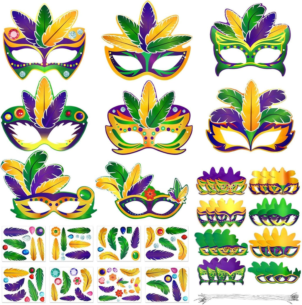 Jansun 24-Pack Mardi Masquerade Gras Masks, Party Masks with Feathers Stickers Carnival Costumes Outfits Accessories