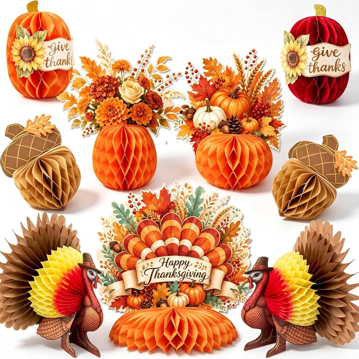 Paper Jazz Thanksgiving Honeycomb Table Decorations, Turkey and Pumpkin Centerpieces, Fall Autumn Theme Decor Set of 9, Indoor Tabletop Centerpiece for Thanksgiving Party Home Dining Table