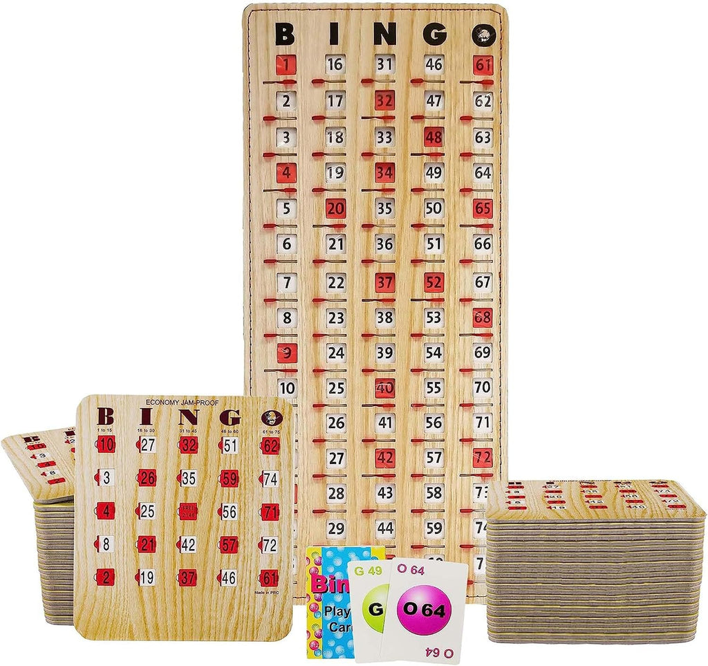 MR CHIPS Jam-Proof Bingo Cards with Sliding Windows, 50 Reusable Shutter Cards, 75 Calling Cards 1 Master Board in Tan Woodgrain Style