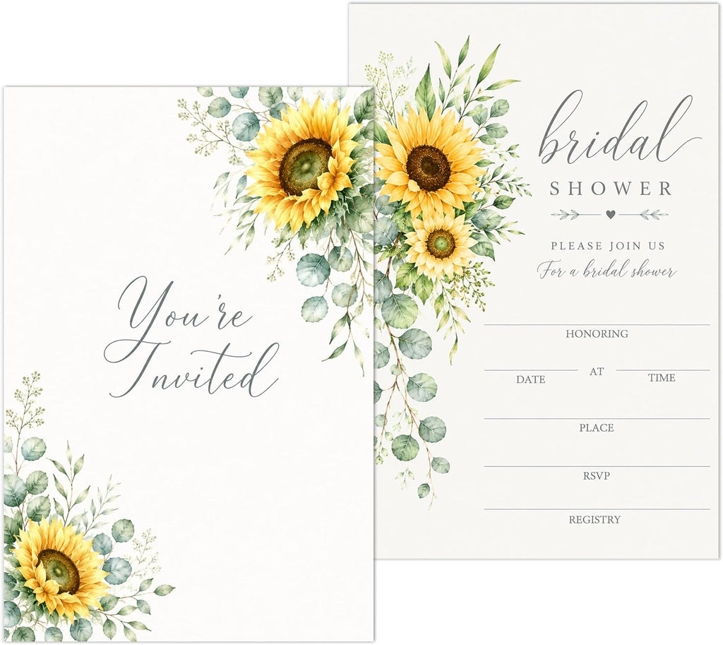 Sunflower Bridal Shower Invitations, Fill In Style Invites With Envelopes for Fall Wedding Reception, Fall Floral Bridal Shower Invitations, Bride To Be Double-Sided Invite Cards, 4 x 6 Inch Set of 25