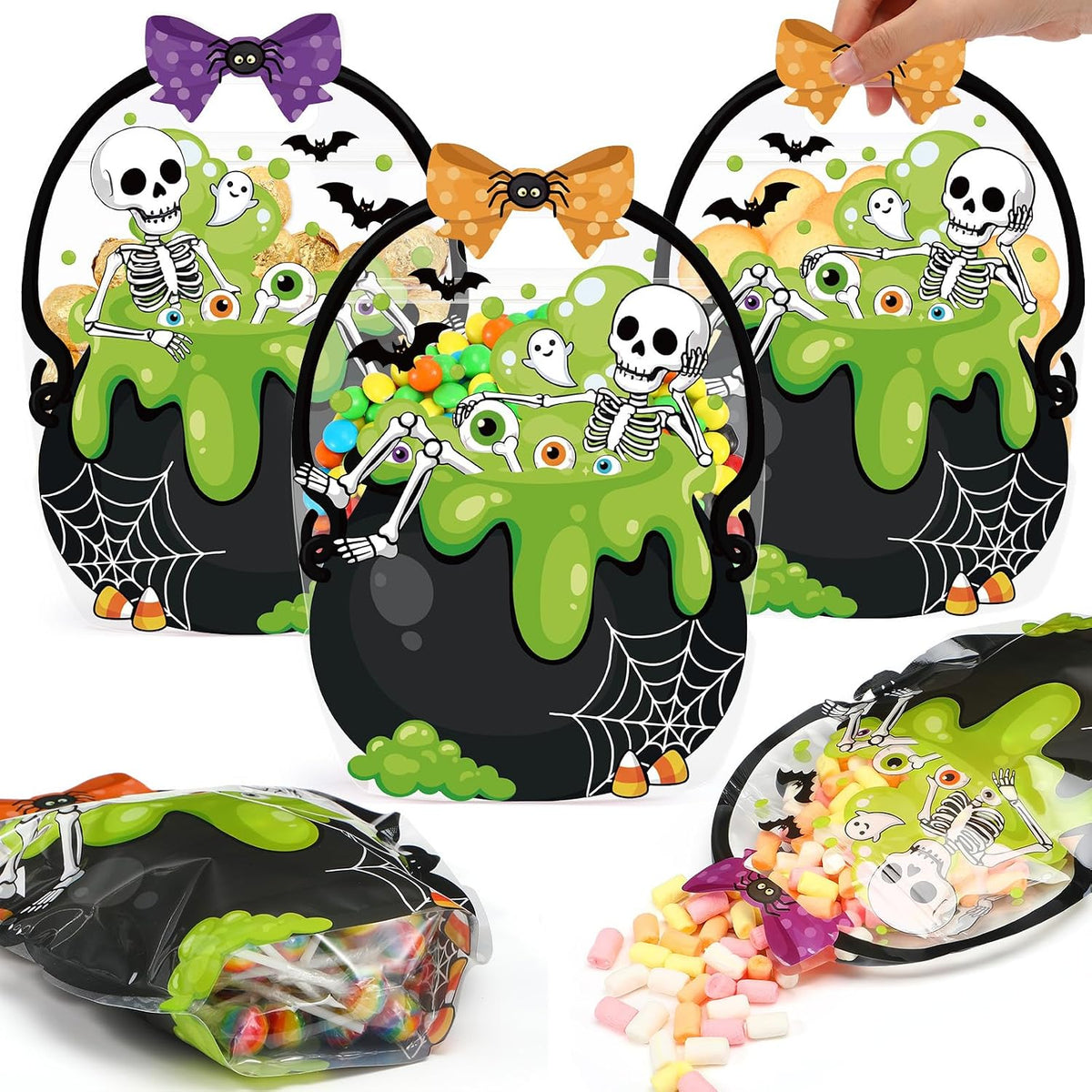 Fuutreo 25 Pcs Halloween Treat Bags with Handles, Skeleton Plastic