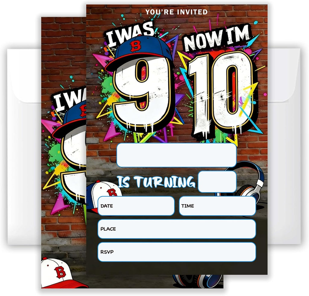 4x6 I Was 9 Now I'm 10" Urban 10th Birthday Invitation Set (20 Cards + 20 Envelopes) – Street Style Sports Themed Party Invites.(171)