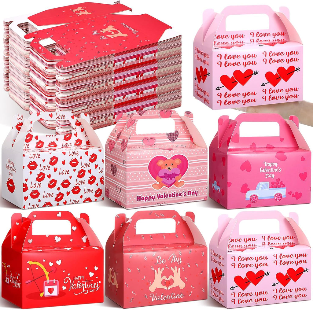 Zhanmai 36 Pack Valentines Treat Boxes with Handle Valentine Cookie Gable Container Heart Candy Goodie Box Cupcake Bakery Container Bulk for Exchange Party Favor Gift