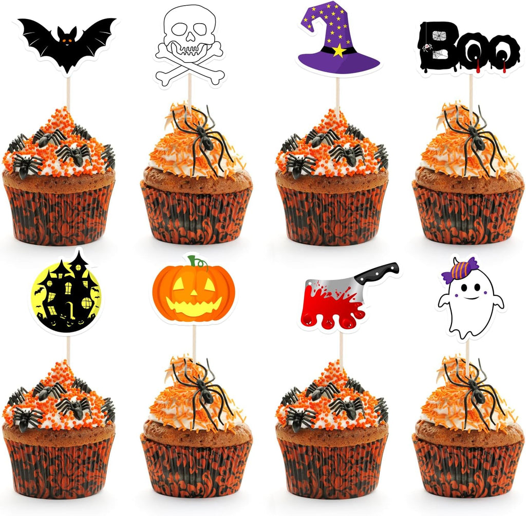 NEBURORA 64 Pcs Halloween Cupcake Toppers Pumpkin Bat Ghost Boo Cake Picks