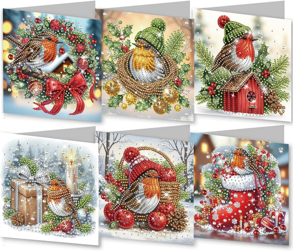 6Pcs Christmas Greeting Card DIY Diamond Art Painting Greeting Cards Blessing Folding Card Kit with White Envelopes Diamond Arts Crafts for Birthday Festival Gift-Bird02