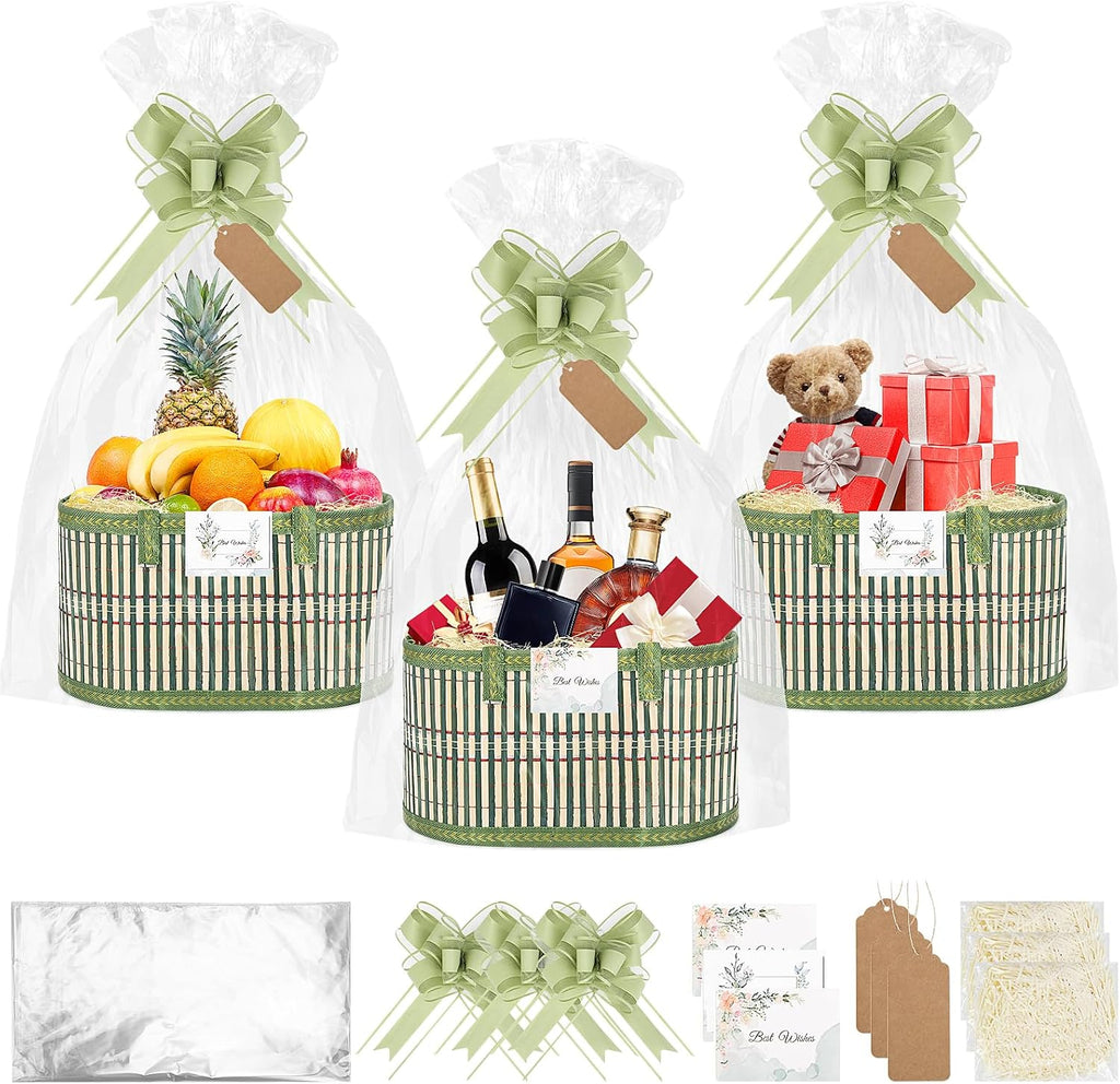 SelfTek 3 Pack Baskets for Gifts Empty, Woven Bamboo G-ift Basket Kit with Wrap Bags, Gift Card, Raffia and Pull Bows, Gifts Baskets for Birthday, Wedding, 30 x 20 x 15 cm - Green