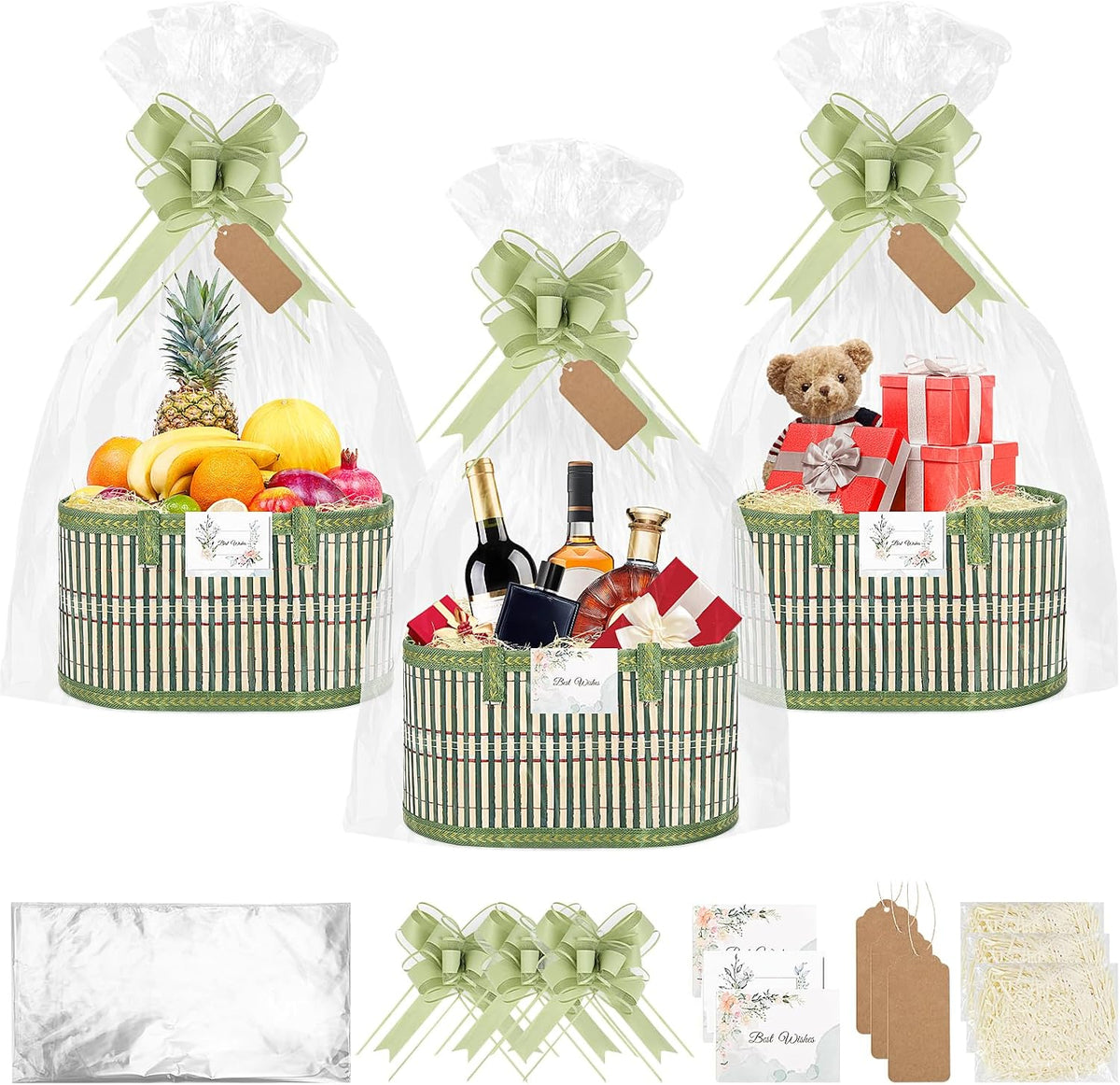 SelfTek 3 Pack Baskets for Gifts Empty, Woven Bamboo G-ift Basket Kit with Wrap Bags, Gift Card, Raffia and Pull Bows, Gifts Baskets for Birthday, Wedding, 30 x 20 x 15 cm - Green