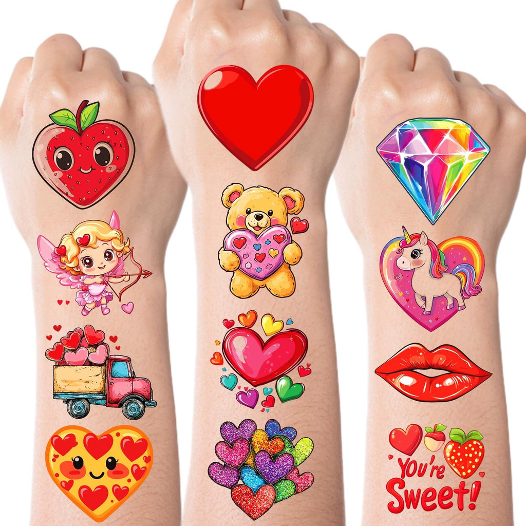 JCFIRE Valentines Day Stickers for Kids Temporary Tattoos, Heart Stickers for Valentines Day Gifts for Kids Classroom Exchange, Waterproof Decals for Party Favors, Goodie Bags, Crafts