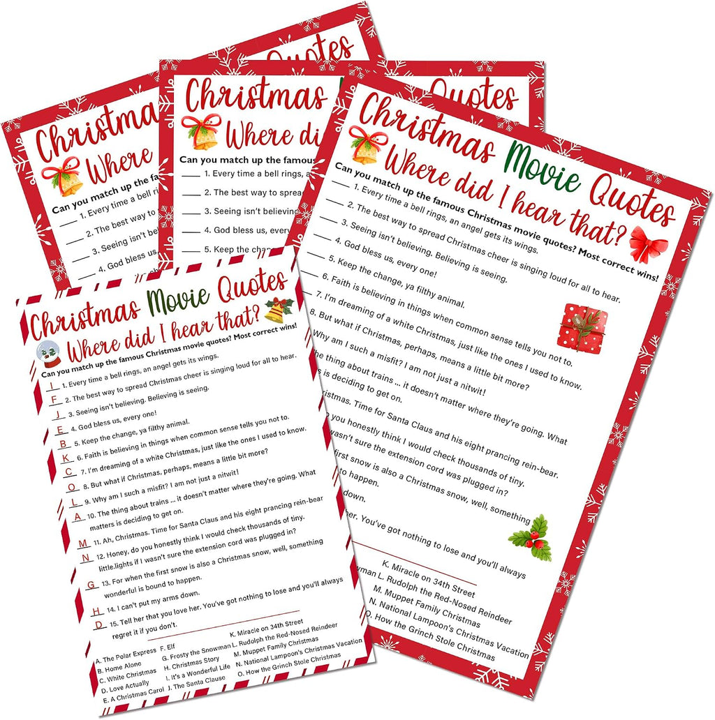Christmas Movie Quotes Game Card - 20 Game Cards With 1 Answer Card - Xmas Film Party Funny Activity for Family, Adults & Teens - Holiday Christmas Party Supplies & Decor(Red & White Stripe)-A02