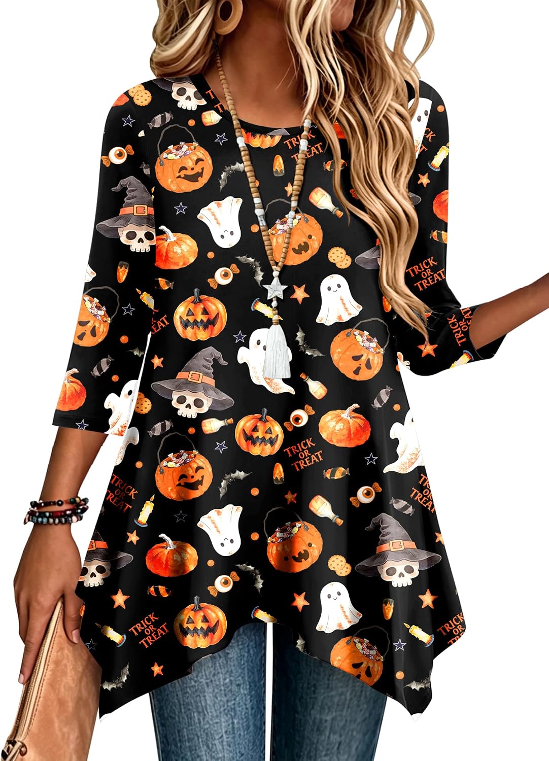 Zeagoo Womens Tops 3/4 Sleeve Loose Fit Dressy Tunics Plus Size Boho Shirts