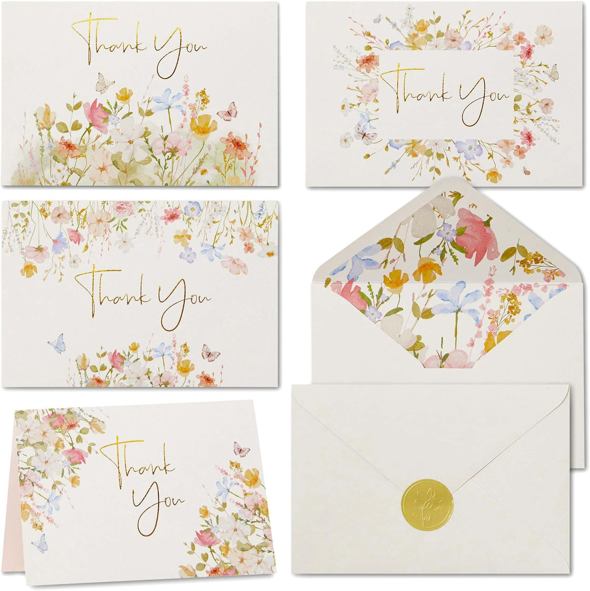 100 Floral Thank You Cards With Envelopes & Stickers - Pretty Wildflower & Gold Foil Assorted Greeting Notes pack for Wedding, Baby & Bridal Shower - Cute 4x6 Large Blank Flower Bulk Box Set