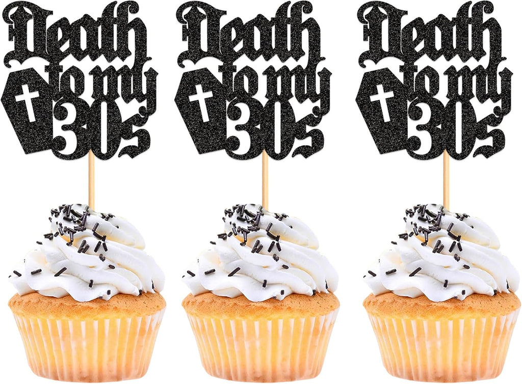 24Pcs Black Death to My 30s Cupcake Toppers Death to My Thirties Cupcake Picks for Gothic 40th Birthday Funeral 40th Birthday Anniversary Cupcake Decorations Rip to My Youth Emo Party Decorations