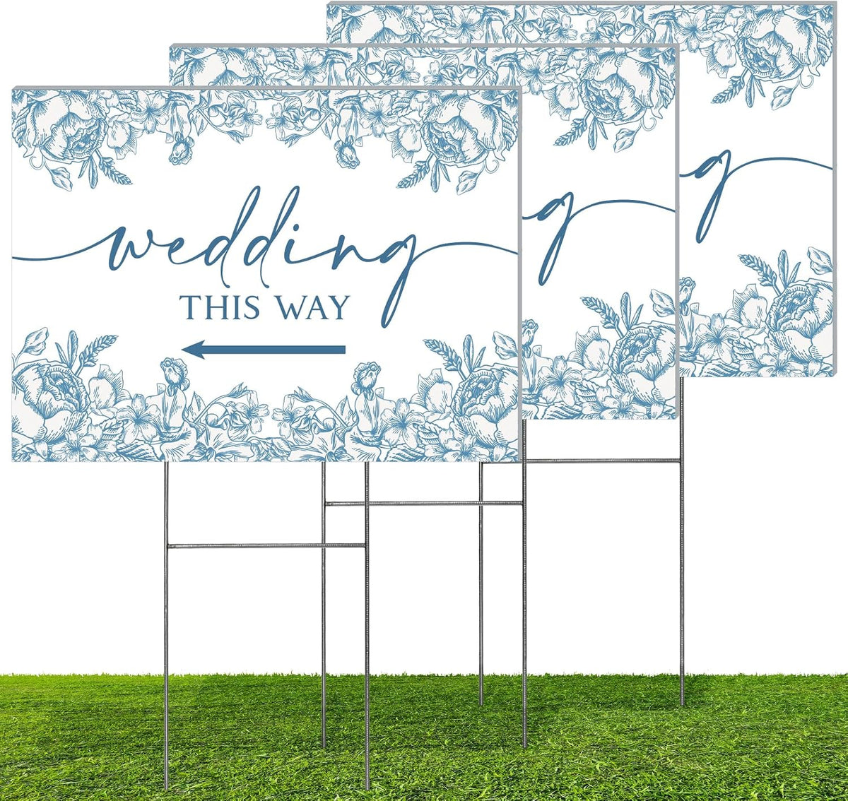 3 Pack 17''×12.5'' Wedding This Way Signs Double Sided Printed Wedding Directional Parking Sign with Stakes for Ceremony Reception Lawn Yard Arrow Signs Plastic Rainproof Party Supplies,Blue Floral