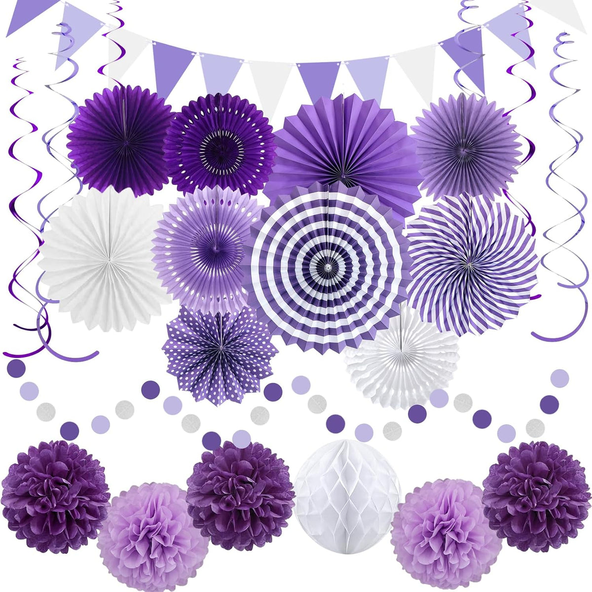 24 Pcs Purple Birthday Decorations Kit, Paper Fans Pom Poms Banner 8-16 in