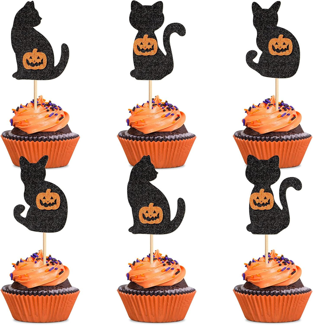 24Pcs Halloween Cat Cupcake Toppers Pumpkin Kitty Cupcake Picks