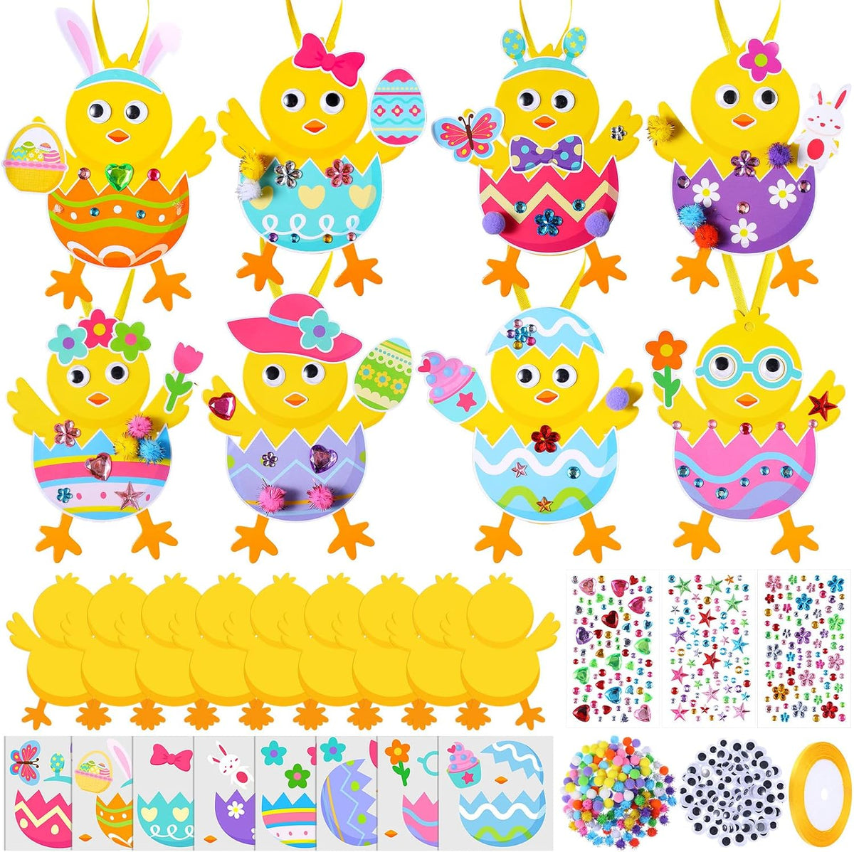 Funrous 48 Sets Crafts Kit Paper Crafts DIY Make Your Own Hanging Ornaments with Pompoms Diamond Stickers for Holiday Classroom Activities Party Favors, Easter Chick
