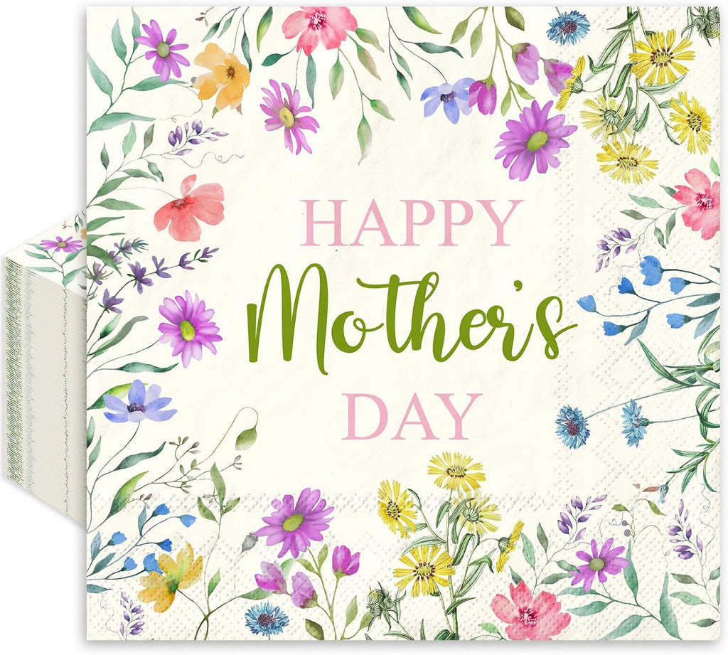 JarThenaAMCS 50Pcs Happy Mother's Day Napkins Paper Disposable Napkins Watercolor Wildflower Luncheon Dinner Napkin for Spring Birthday Mother's Day Supplies