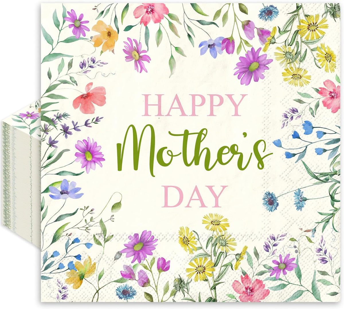 JarThenaAMCS 50Pcs Happy Mother's Day Napkins Paper Disposable Napkins Watercolor Wildflower Luncheon Dinner Napkin for Spring Birthday Mother's Day Supplies