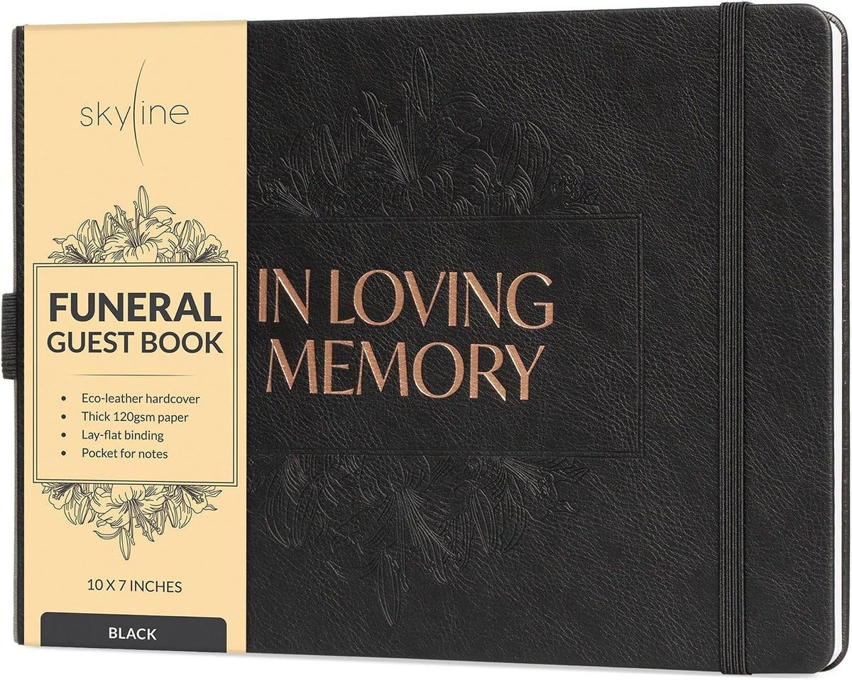 Skyline Funeral Guest Book, Memorial Service Sign-In, Black