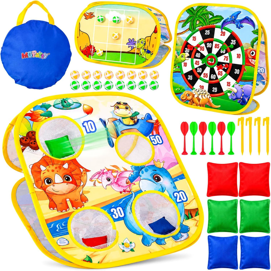 3 in 1 Bean Bag Toss Game for Kids, Dinosaur Cornhole Board with Magnetic Dart Board, Sticky Ball Tic Tac Toe, Outdoor Toys for Kids Ages 3-8, Backyard Beach Party Games Birthday Gifts for Boys Girls