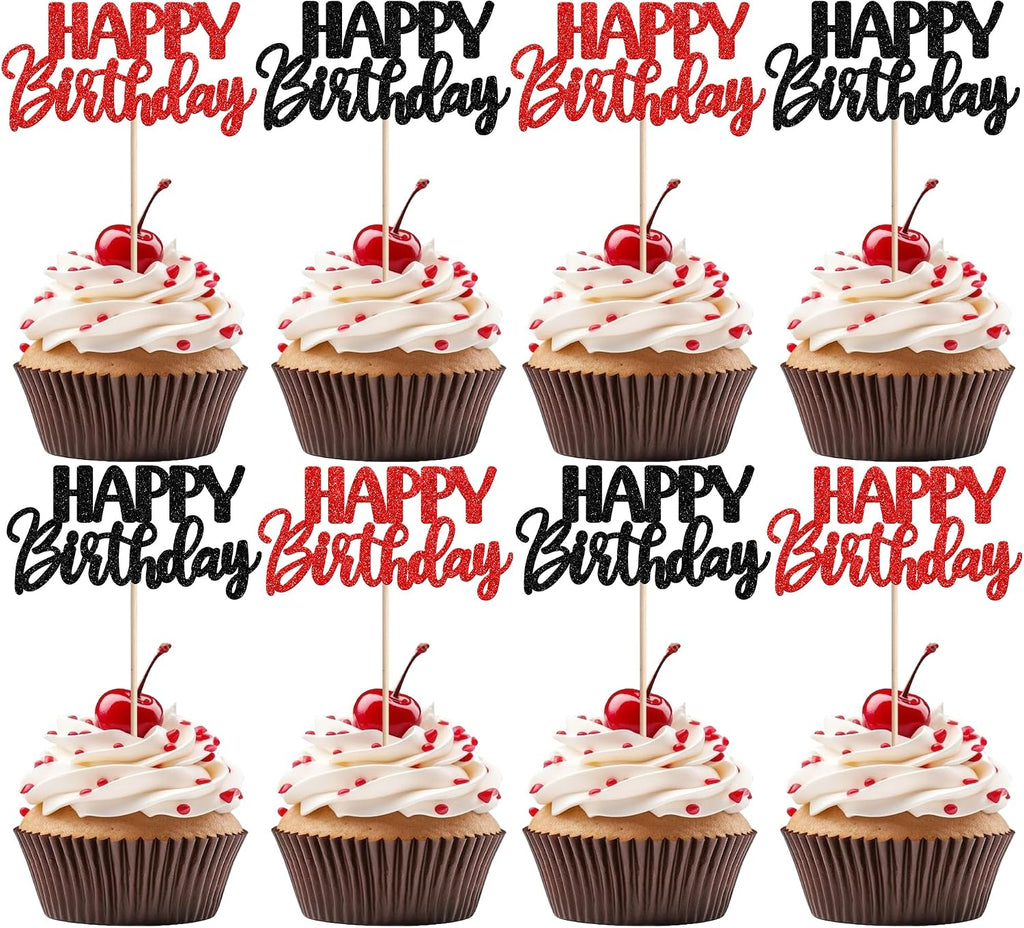 30 PCS Happy Birthday Cupcake Toppers Glitter Happy Birthday Cupcake Picks for Celebrating Anniversary Theme Christmas Party Cake Decorations Supplies Red Black