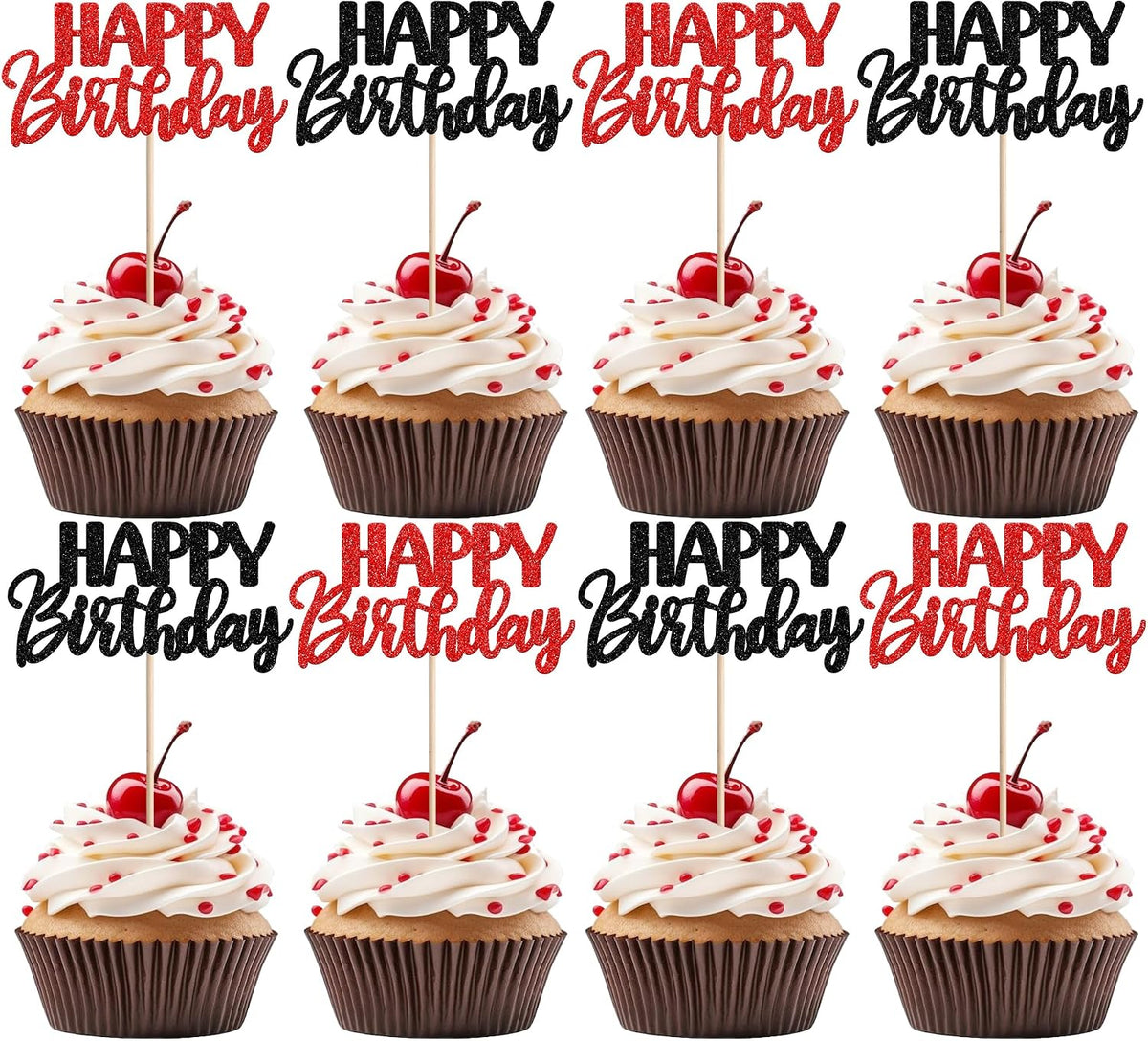 30 PCS Happy Birthday Cupcake Toppers Glitter Happy Birthday Cupcake Picks for Celebrating Anniversary Theme Christmas Party Cake Decorations Supplies Red Black