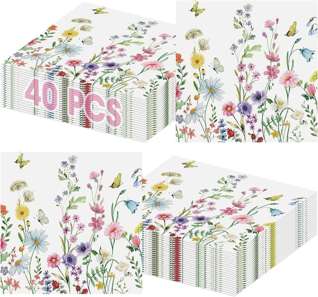 40 Pcs Spring Floral Napkins 13 x 13 Inches - Wildflower Butterfly Party Napkin, 3-Ply Flower Cocktail Disposable Paper Napkins Hand Towles Set for Easter Birthday Weeding Tea Party Supplies Decor