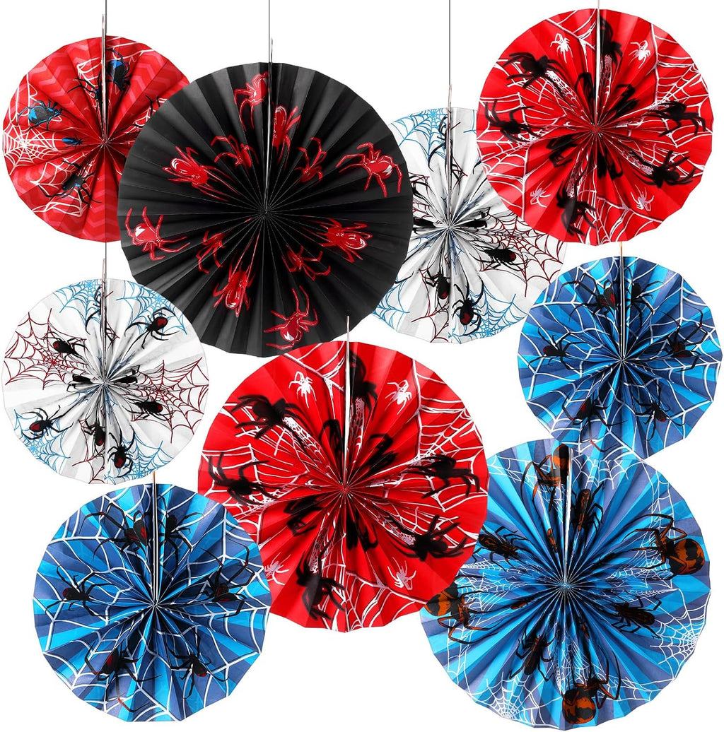 Outus 9 Pcs Spider Paper Fans Themed Birthday Party Hanging Decor