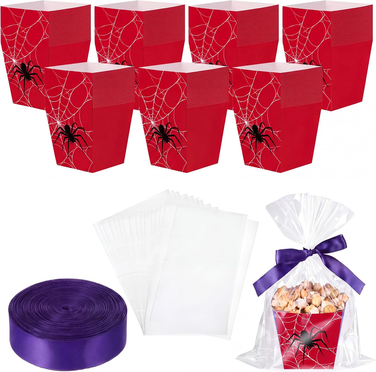 Pajean 24 Sets Spider Popcorn Boxes with Cellophane Bags and Ribbon