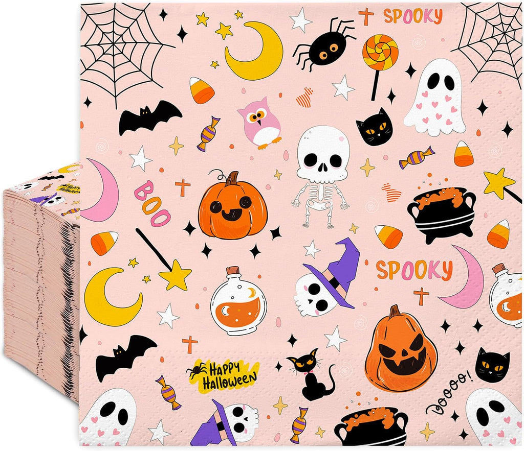 50Pcs Halloween Pink Paper Napkins - 2-Ply, 6.5×6.5 Inches