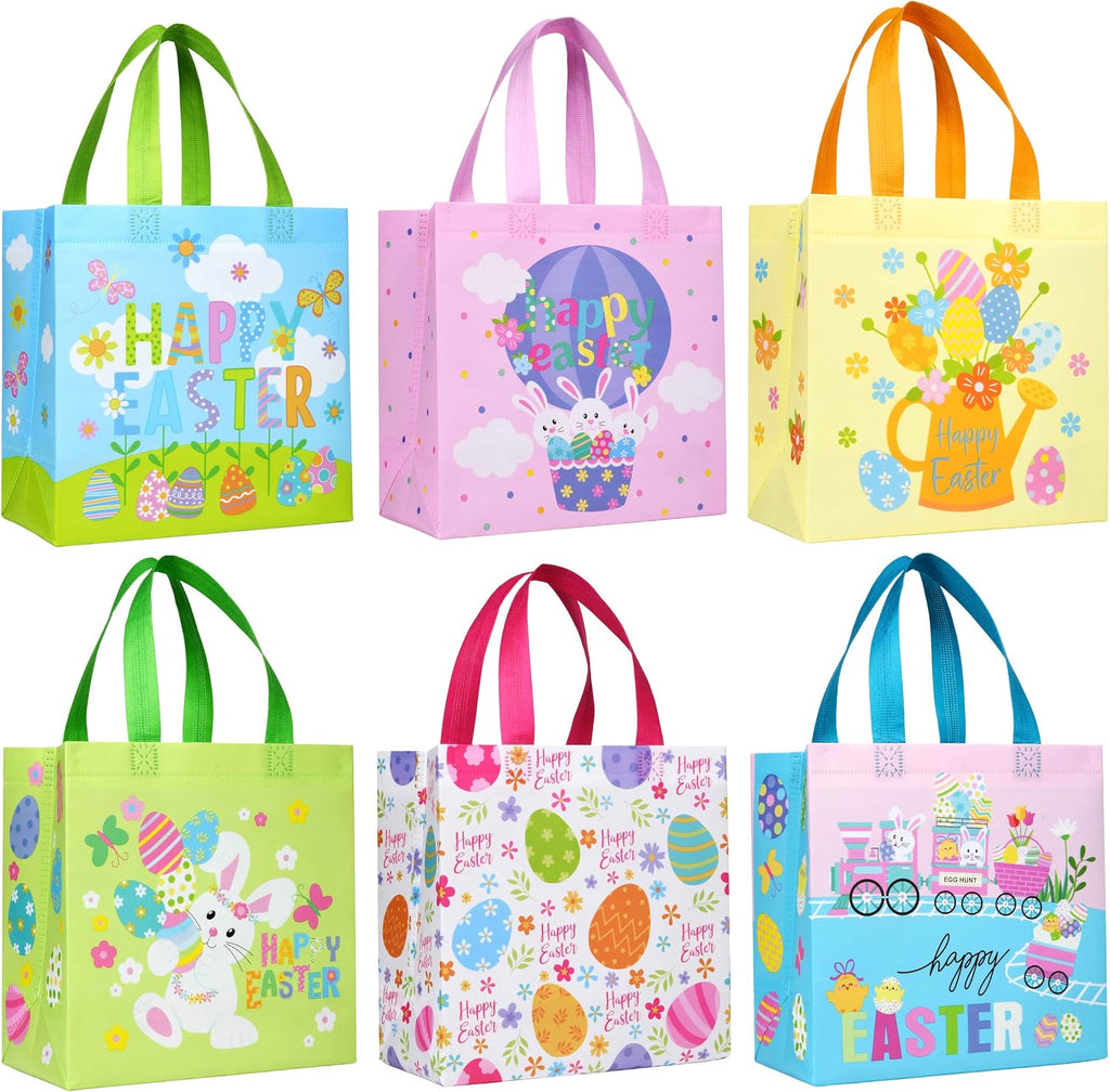 SUNCOLOR Easter Gift Bags, 6 Pack Non-Woven Tote Bags with Bunny Design, 9x9x4.7 Inch, Reusable Party Supplies for Kids Egg Hunt Games