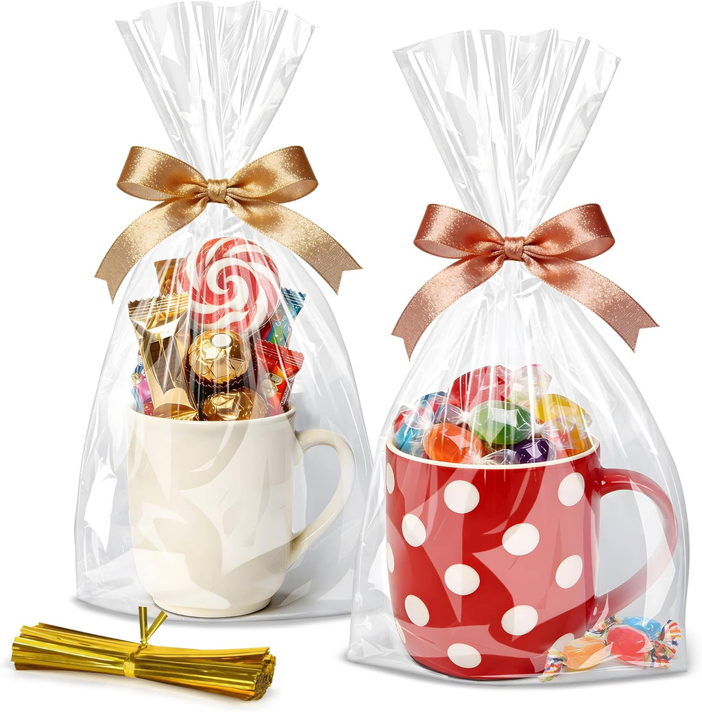 Flat Bottom Cellophane Bags with Twist Ties, 100 Pcs 7x3x12 Inches Cellophane Wrap for Gift Clear Cello Bags Flat Bottom Clear Treat Bags Plastic Packaging for Cookie Candy Goodie (No Side Gusset)