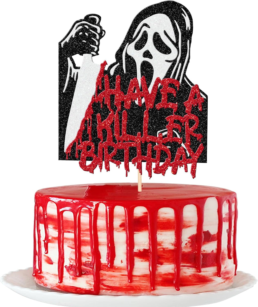 1 PCS Have a Killer Birthday Cake Topper Assembled Glitter Horror Classic Halloween Cake Pick for Bloody Horror Movie Theme Birthday Halloween Party Cake Decorations Supplies