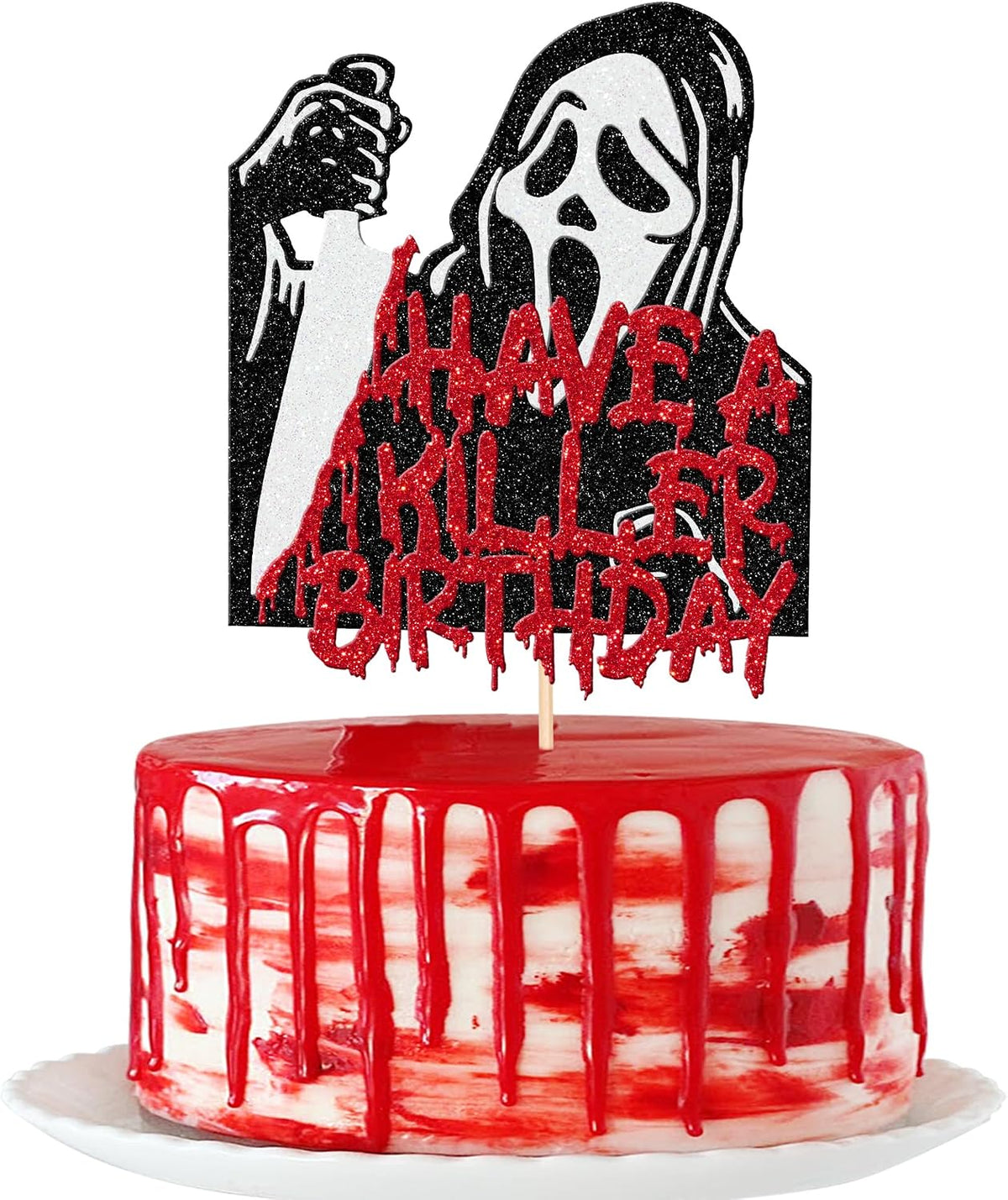 1 PCS Have a Killer Birthday Cake Topper Assembled Glitter Horror Classic Halloween Cake Pick for Bloody Horror Movie Theme Birthday Halloween Party Cake Decorations Supplies