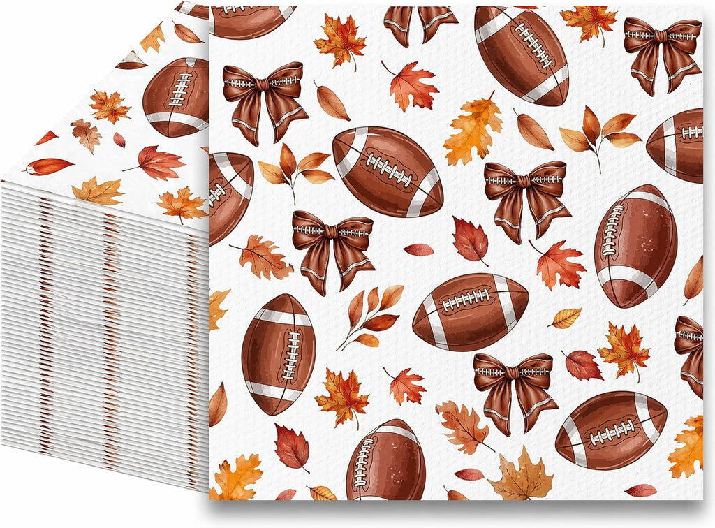 100 Pcs Fall Football Bow Disposable Paper Napkins, 2-Ply Absorbent Decorative Napkins, Autumn Sports Theme Tableware Supplies for Football Game Day, Harvest Thanksgiving Dinner, Holiday Celebrations