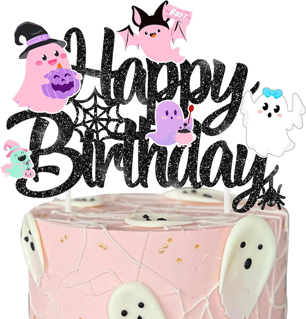 Halloween Ghost Happy Birthday Cake Topper Black Glitter Halloween Birthday Cake Decorations Pastel Ghost Cake Picks Ghosts Boo Day Baby Shower Decor for Birthday Party Supplies