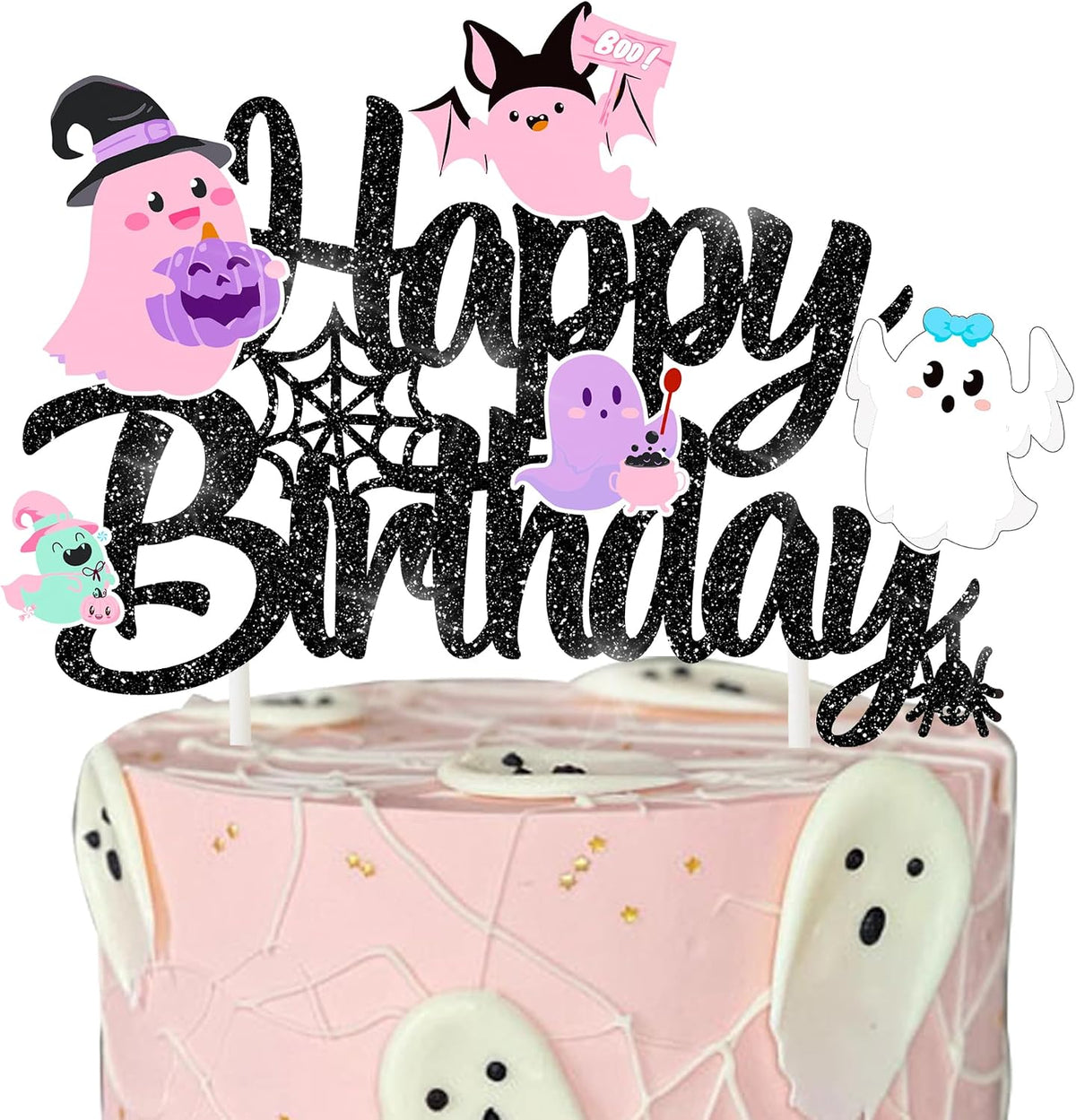Halloween Ghost Happy Birthday Cake Topper Black Glitter Halloween Birthday Cake Decorations Pastel Ghost Cake Picks Ghosts Boo Day Baby Shower Decor for Birthday Party Supplies