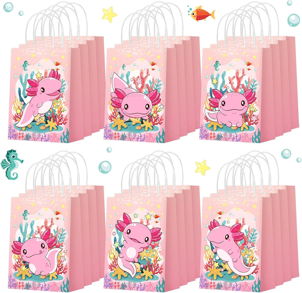 Kolldenn 24 Pcs Axolotl Party Bags with Handles, Axolotl Gift Paper Bag