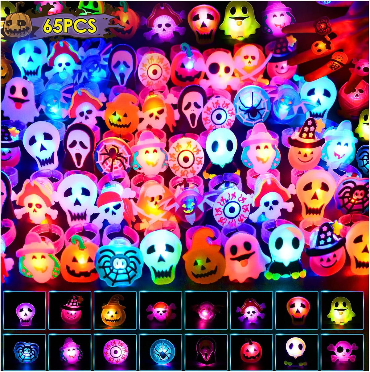 Tiaxidex 65PCS Halloween Light Up LED Rings, Non Candy Trick or Treats 3D Flashing Rings Toys Glow In the Dark Halloween Party Favor Ring Toy Gifts For Kids Adults Goodie Bag Stuffers
